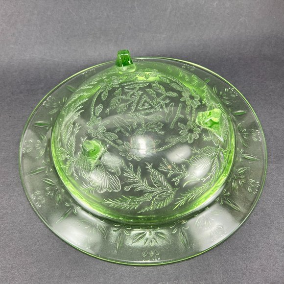 Vtg US Glass Rose Thorn Green Depression Vaseline Uranium Bowl 3 Toe Footed 30s - Picture 5 of 16